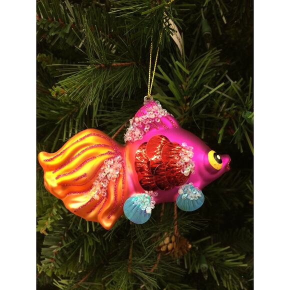 Glass Kissing Fish Pink Red Orange Christmas Tree Ornament Beaded NEW - Picture 4 of 4